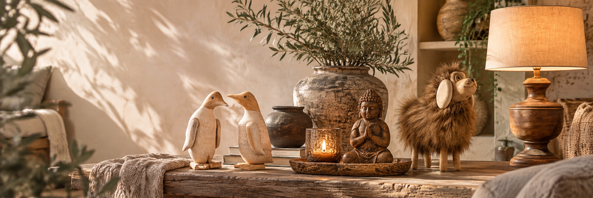 Sfeerbeeld van de Livingland-collectie met vazen, hout en woondecoratie